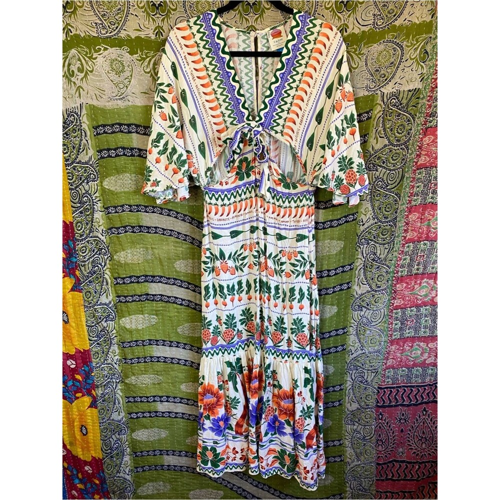 FARM Rio for Anthropologie Printed V-Neck Kaftan Maxi Cut-Out Dress Size Small - Picture 3 of 15